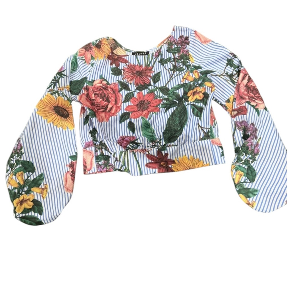 Jeuvre Floral and Stripes Balloon Sleeve Tie-Back Cropped Top - Picture 4 of 15